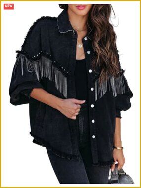 Oversized Fringe Denim Jacket Sparkly Tassel Western Coat